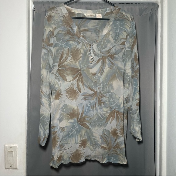 Tommy Bahama Blue and Brown Leaf Print Silk Sheer Blouse XL - Picture 1 of 16